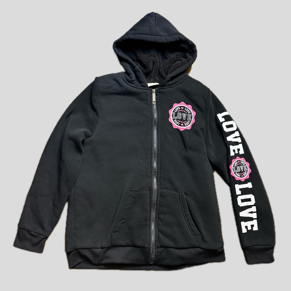 Bobbie Brooks Women's Y2K Love Soft Warm Zip Up Hoodie Black & Pink Large